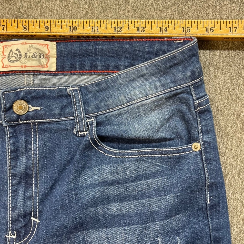 L&B Baseball Patch Distressed Jeans Womens 14 Medium Wash Straight‎ Leg Stretch - Picture 6 of 11